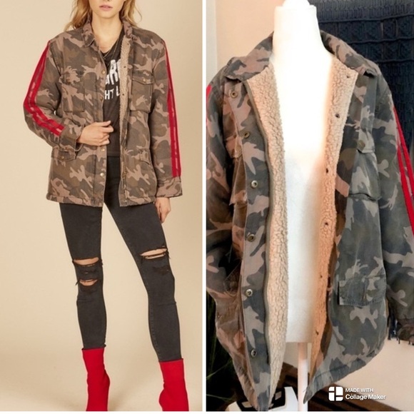 Vintage Havanna Faux Fur-Lined Track Stripe Camo Jacket - Picture 2 of 8